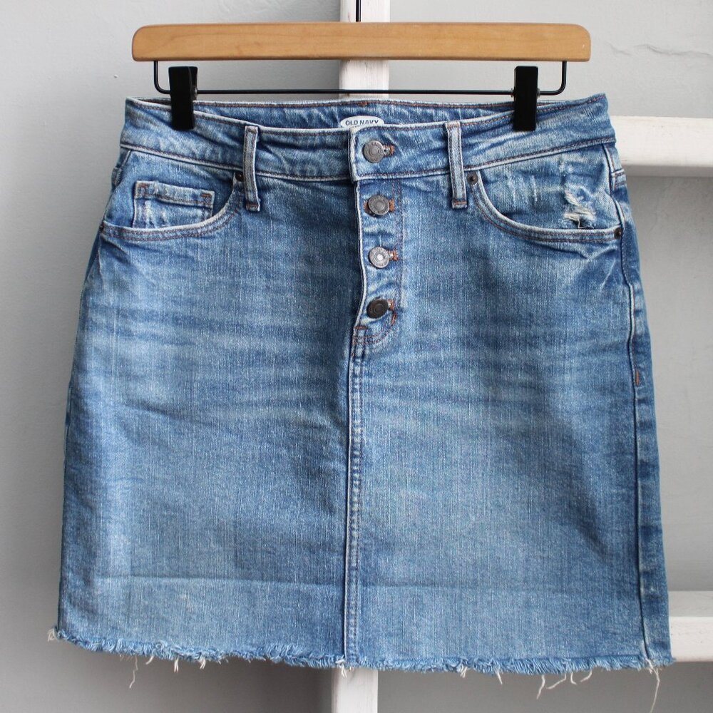Old Navy Blue High-Waisted Button-Fly Frayed-Hem Jean Denim Mini Skirt Size 6